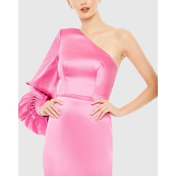 New MAC DUGGAL Size 4 Pink 26712 ONE SHOULDER BISHOP SLEEVE SATIN Formal GOWN - Picture 4 of 11
